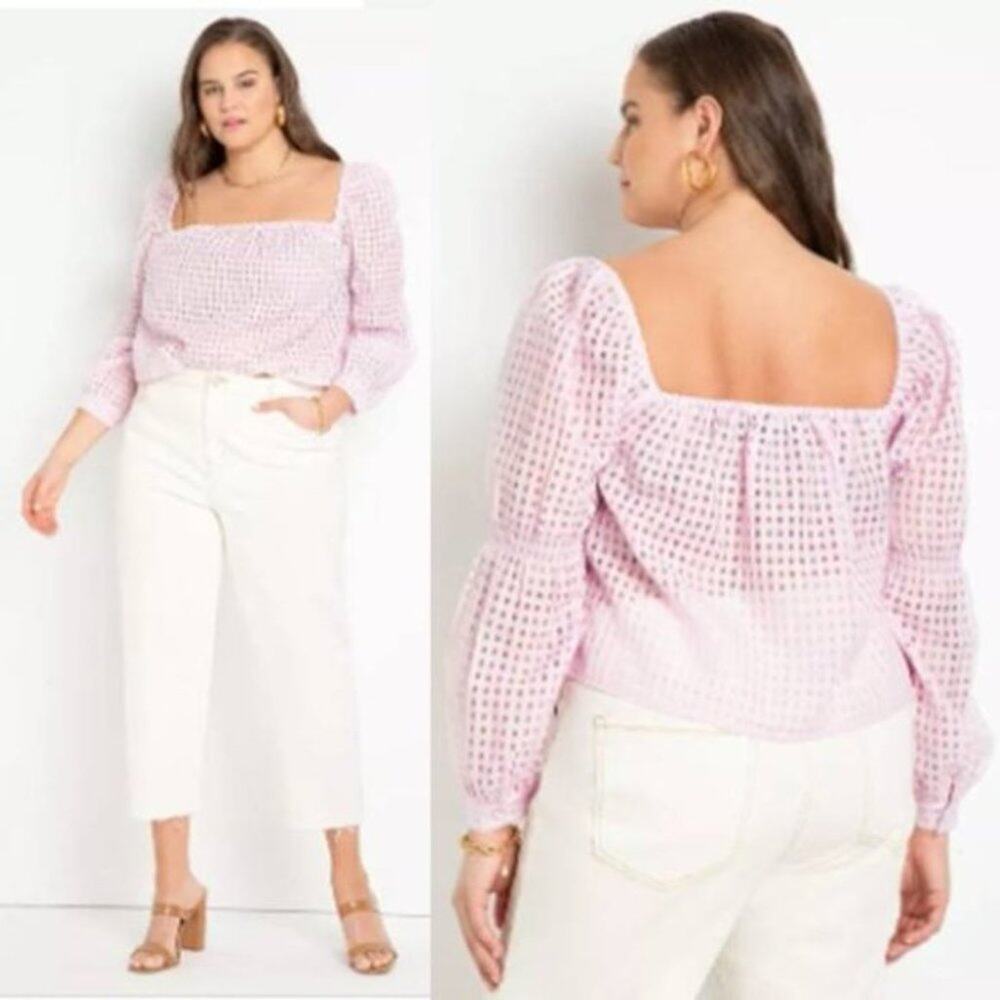 NWT Eloquii Sheer Square Neck Puff Sleeve Lilac Pink Gingham Blouse Top 26
